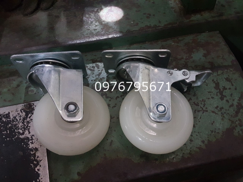 Bánh xe đẩy nylon 100x32 khóa xoay 4 in càng thep