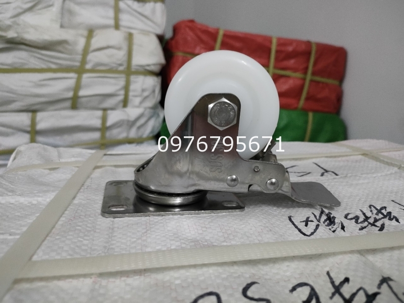 Banh xe đẩy Nylon 75x32 inox 304 có khóa xoay 360