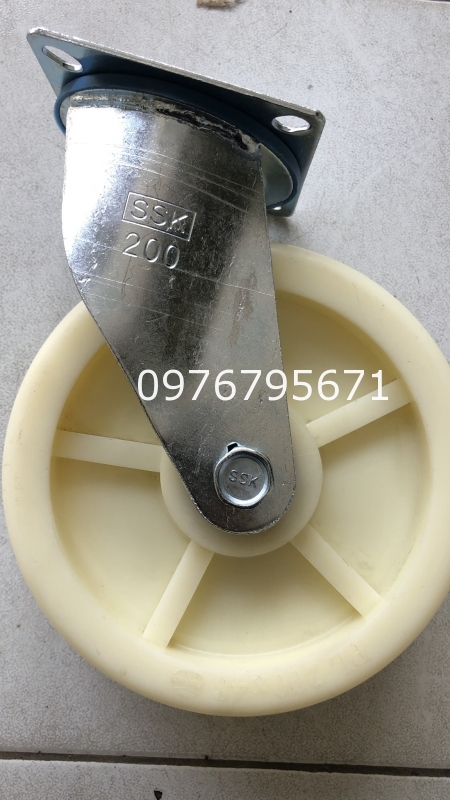Bánh xe đẩy nylon 200x50mm càng 3mm xoay 360